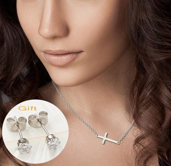 

wawfrok sideways cross choker stainless steel simple small cross pendant offer silver/gold/rose gold color with gift necklace, Golden;silver