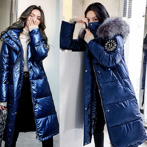 

plus size women winter parka hooded zipper pockets female cotton padded long paragraph over the knee bright face fashion loose f, Tan;black