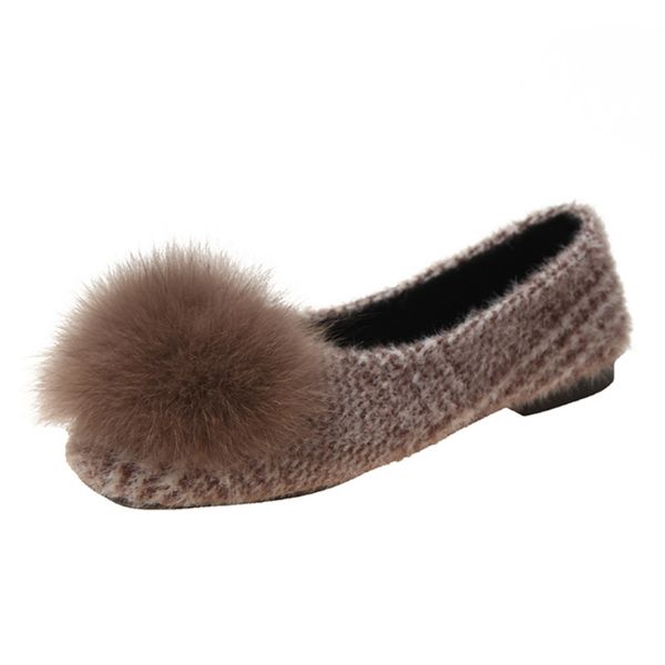 

real fur ball women flat shoes sweet girl tweed plaid winter low heel slip on loafers ladies shoes p304, Black
