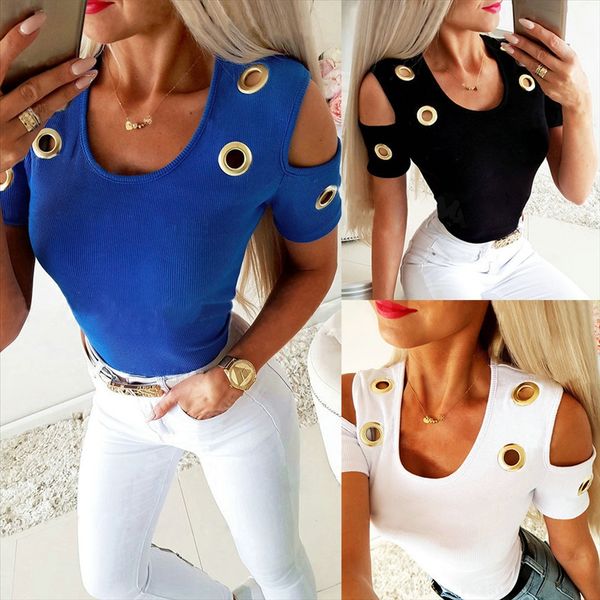 

2020 solid color short-sleeved women's urban pullover pullover leisure u-neck hollowed-out slim t-shirt, White