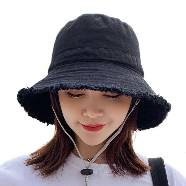 

women's bucket hats solid color summer sun hats with raw edge, Blue;gray