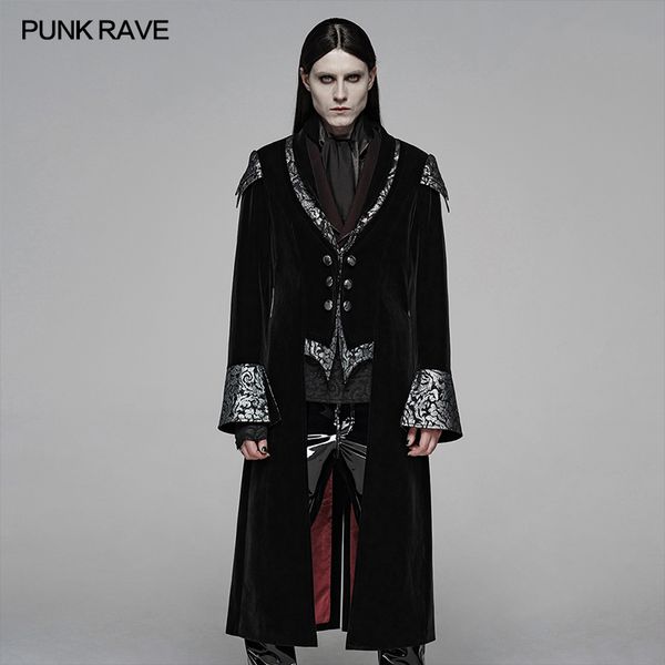 

punk rave men's gothic fall winter twill weft velvet jacquard stitching long dress jacket evening party club trench coat men, Black