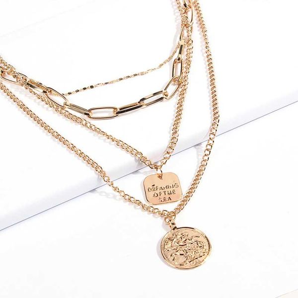 

women fashion pendent necklace strass jewelry vintage three layer cross coin pattern metal statement necklace gifts for women, Silver