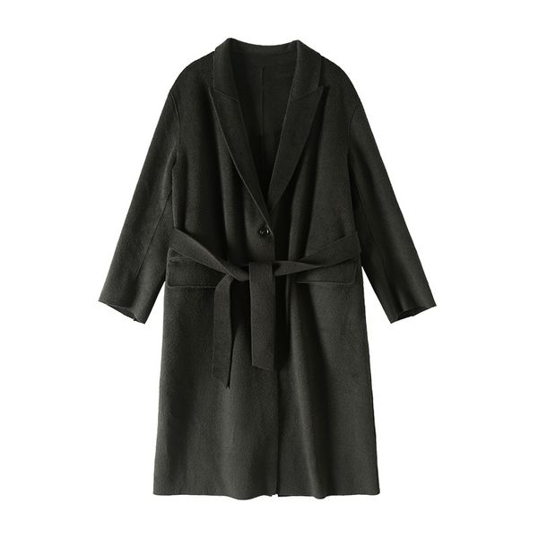 

2020 spring winter new solid colour single-sided notched collar woolen coat female temperament mid-length pockets sashes coat, Black