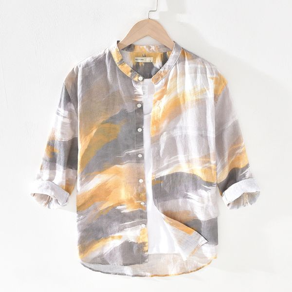 

2020 men's three quarter sleeve shirts 100%linen summer casual print shirts man stand collar thin blouse y2488, White;black