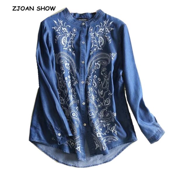 

2019 spring new casual white flower embroidery denim shirt blue ethnic women loose single-breasted long sleeve denim blouse