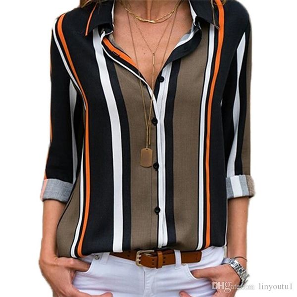 

blouse women 2019 long sleeve striped shirt turn down collar lady office shirt summer chiffon blouse, White