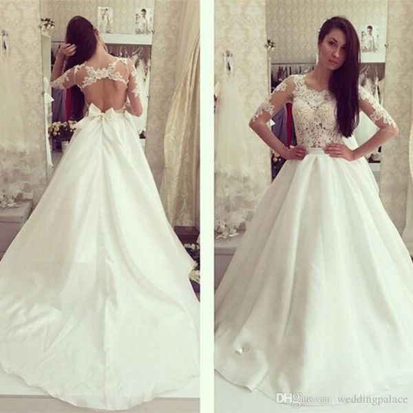 

elegant a-line beach wedding dresses open back appliques satin sweep train 3/4 sleeve bridal wedding gowns vestido de novia, White