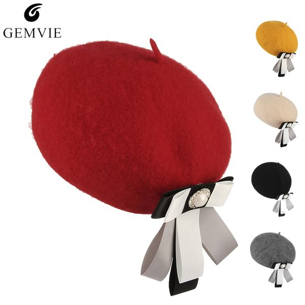 

trendy women berets cap painter hat casual elegant solid color wool blend warm beret cap for female girls ribbon bow decor caps, Blue;gray
