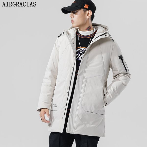 

airgracias winter down jacket men fashion slim fit long coat solid color white duck down thicken hooded jackets size s-xxxl, Black