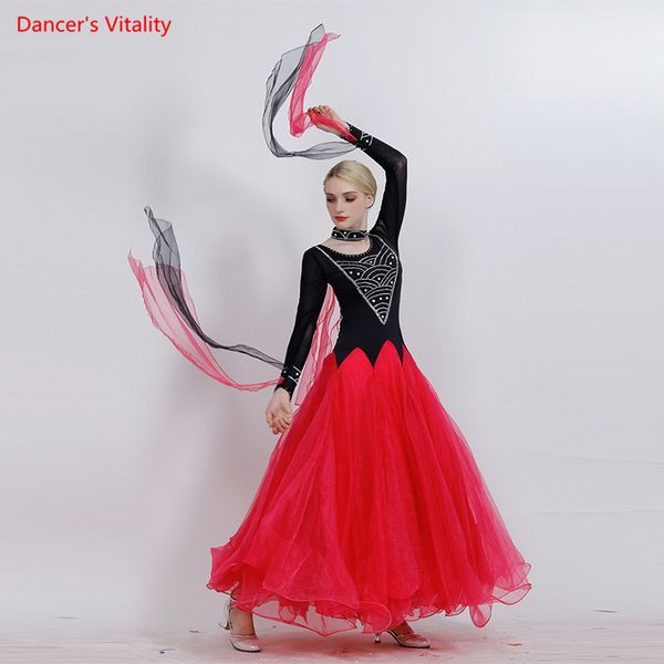 

2019 new ballroom dance costumes diamond gauze big swing dress women latin waltz tango dance performance clothes, Black;red