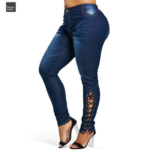 

плюс джинсы rosegal twill размер zipper fly side lace высокой талией брюки карманы pant женские джинсы карандаш брюки большого размера, Blue