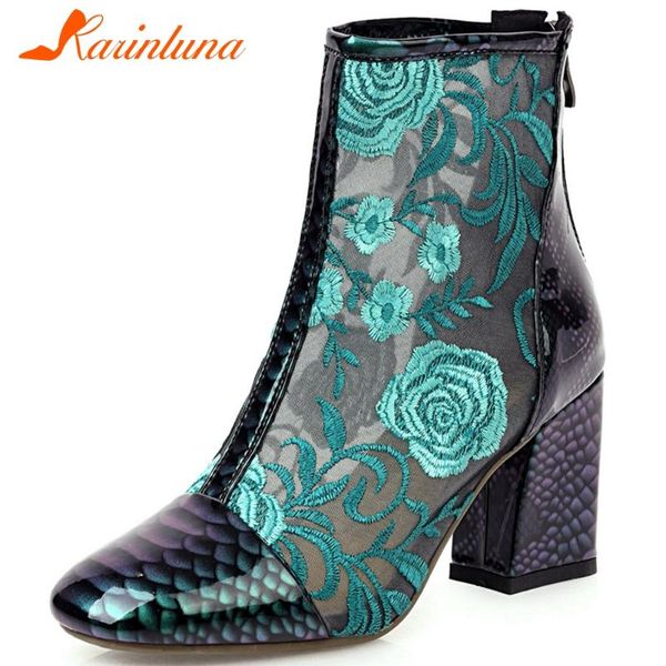 

karin new arrivals chunky high heels summer boots woman shoes zip up patchwork embroider shoes women boots, Black