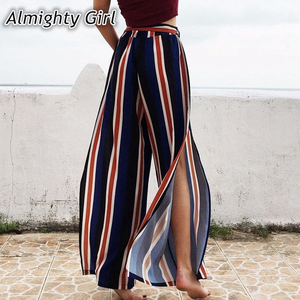 

stripe wide leg pants women summer elastic loose pants women side opening ladies beach 2020 0046, Black;white