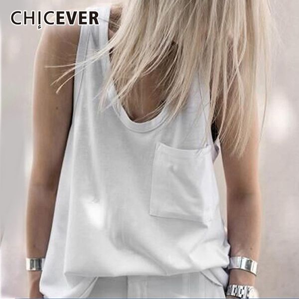 

women's tanks & camis chicever spring v neck vest for women patchwork pocket loose slim female tank vests 2021 fashion casual clothing, White
