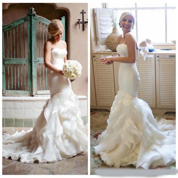 

attractive satin and organza strapless wedding dresses tiered skirts mermaid wedding dresses zipper up back bridal dresses, White