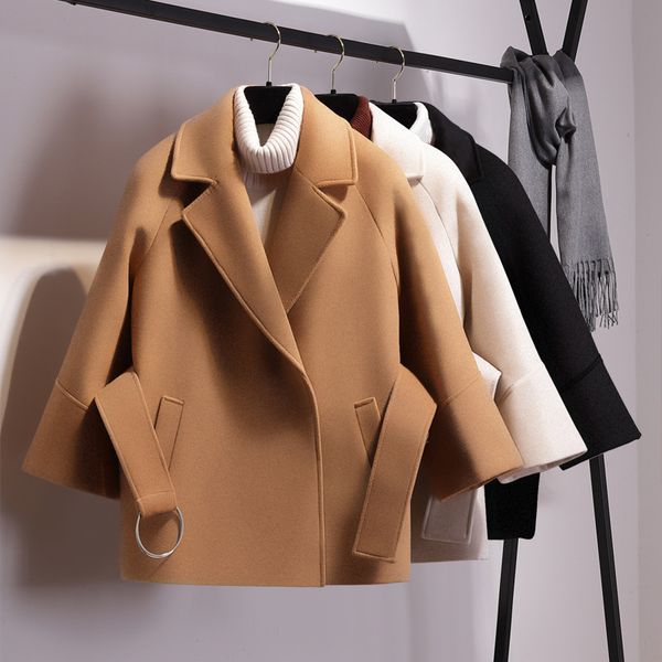 

women short woolen coat belt jacket female cloak waisted overcoat plus size outwear jacket, Black