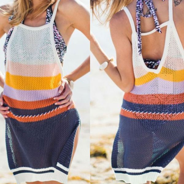 Acheter Femmes Sexy Dos Nu Plage Mini Robe Creux Crochet Tricoté Maillot De Bain Cover Up Contrast Rayures Colorées Split Gilet Cardigan De 3089 Du