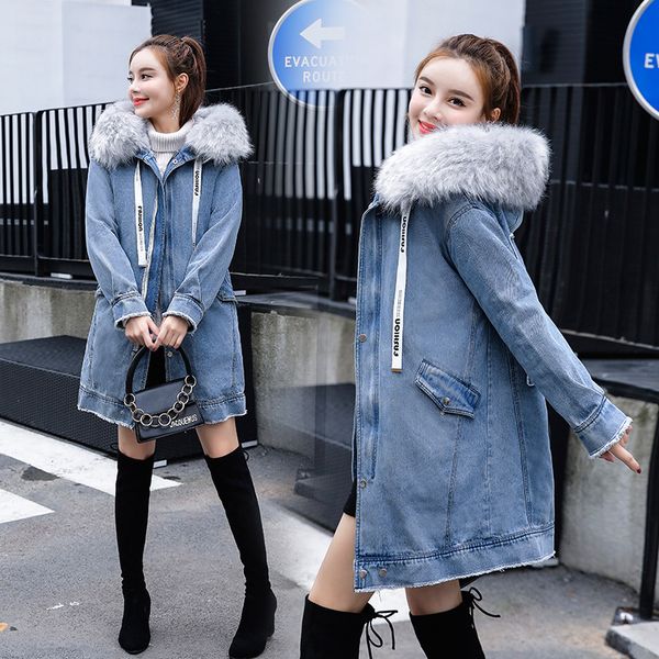 

early winter coat women's bf loose-fit mid-length large fur collar cotton-padded clothes thick splittable plus velvet cowboy cot, Blue;black