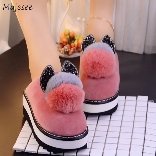 

winter slippers women sweet flat thick bottom leisure trendy womens cotton chic female slipper platform simple all-match shoes, Black