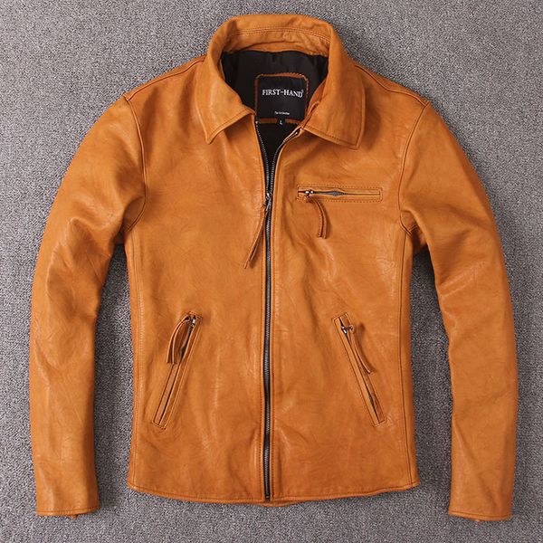 

men's leather jacket vintage wax genuine leather jacket men coat short spring autumn real cow jackets brown slim kj2279, Black