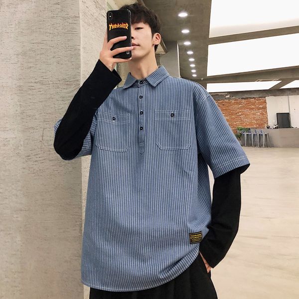 

men's shirts autumn/winter 2019 slim stripe printed denim long-sleeved shirt loose casual personality youth men's wear, White;black