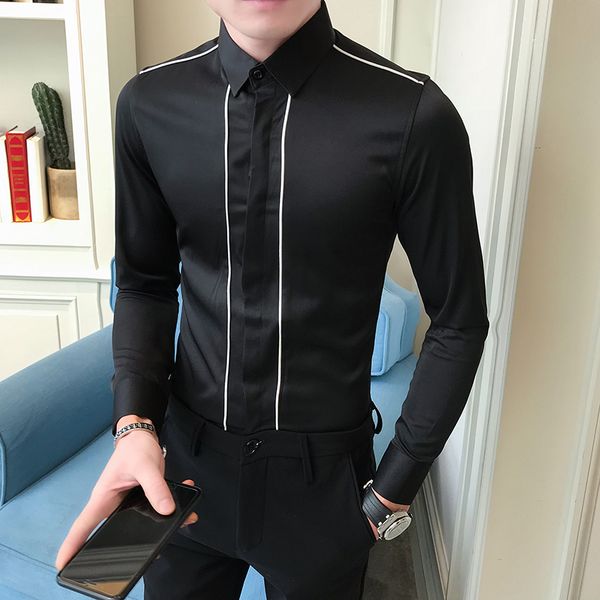 

korean solid men casual shirt brand new slim fit gentlemen dress shirts men long sleeve night club prom tuxedo male clothing 3xl, White;black
