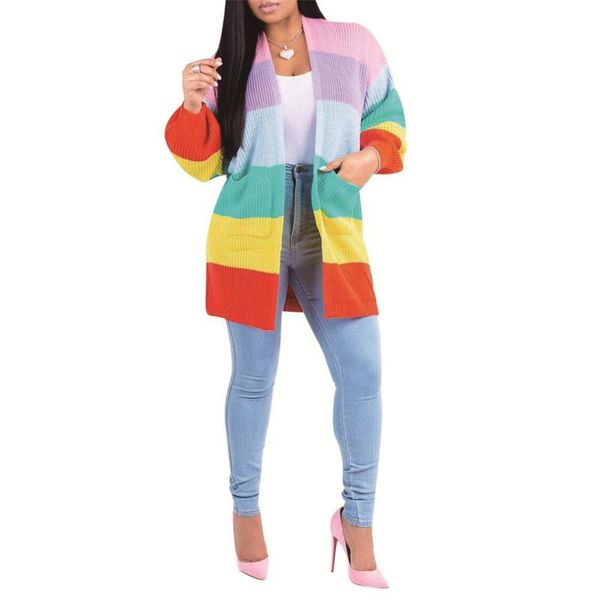 

rainbow color stitching female spring and autumn coat fashion streetwear knit cardigan with pocket long keep warm coat, Black;white