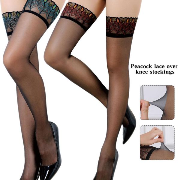 

black lace thigh high stockings long peacock pattern ribbon stay up nylon stockings for women over the knee socks, Black;white