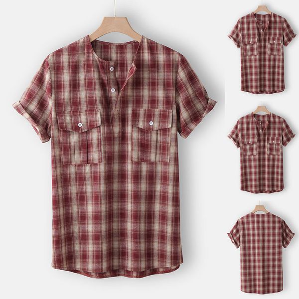 

feitong 2019 hawaiian summer mens casual multi color lump chest pocket short sleeve round hem loose shirts blouse men's, White;black