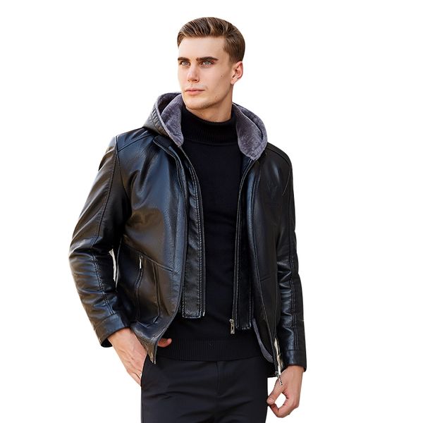 

men leather jacket coat men autumn fashion pocket design pu leather jacket men's hooded collar zipper plus velvet pu, Black