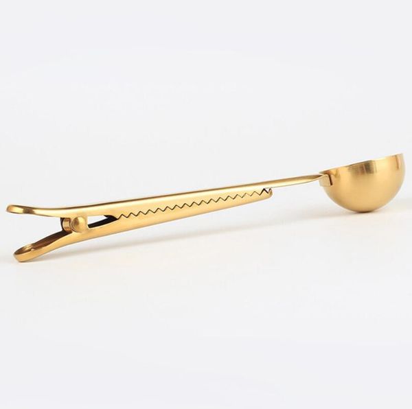 

quality stainless steel ground coffee spoons golden measuring scoop spoon with bag seal clip lx6366