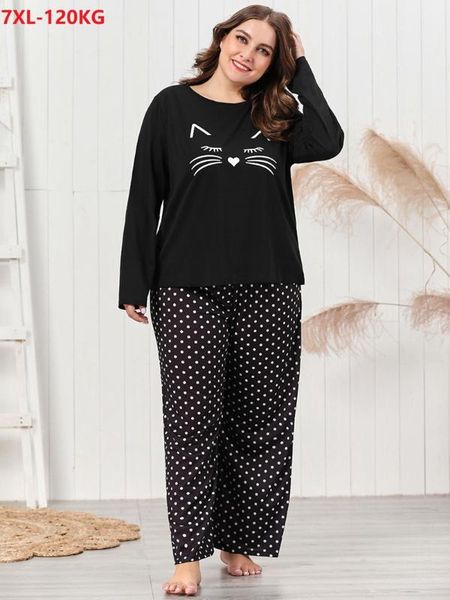 

summer women sleepwear home set long sleeve loose nightdress tees pants plus size 5xl 7xl 6xl oversize sleepwear print cat, Black;red