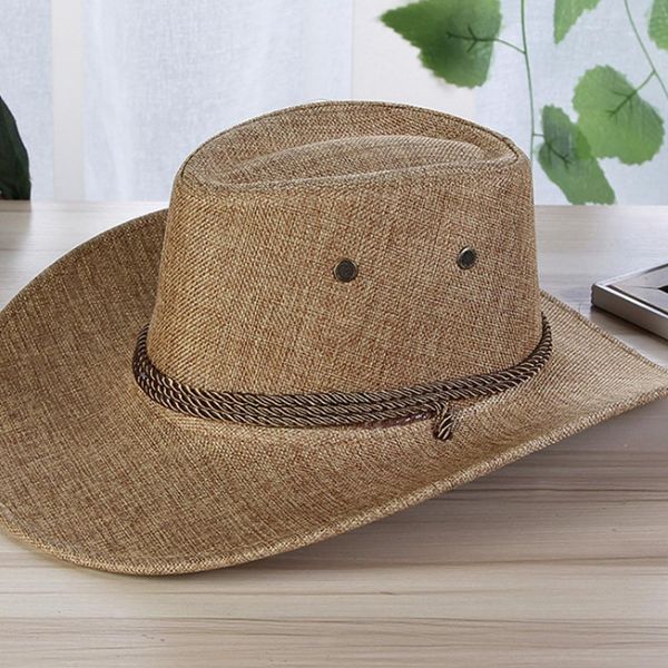 

new linen men summer sun hats solid cool western cowboy hat outdoor wide brim hat male riding caps accessory for sun protection, Blue;gray