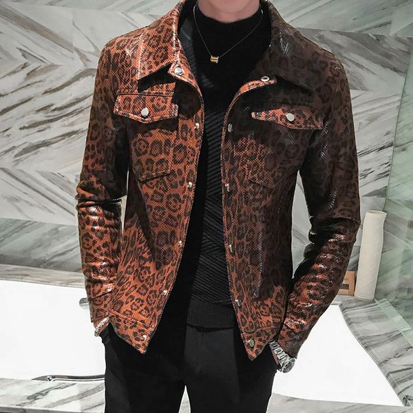 

new faux leather mens jackets luxury leopard print two pockets mens jackets and coats autumn winter pu leather man coats, Black