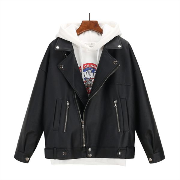 

осень pu кожаная куртка способа женщин сплошной мотоцикла панк пальто вскользь zipper карманы лоскутная streetwear кожезаменитель женский, Black