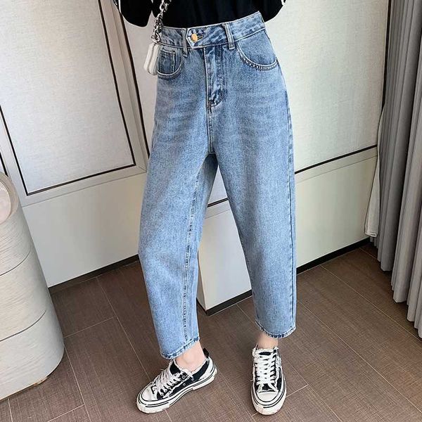 

women's jeans korean loose retro wild high waist straight wide leg cropped harem pants 2020, Blue