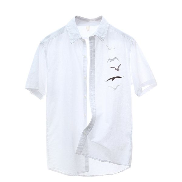 

linen shirts men' fashion summer printed cotton linen short sleeve shirt men holiday turn-down collar dress shirt male, White;black