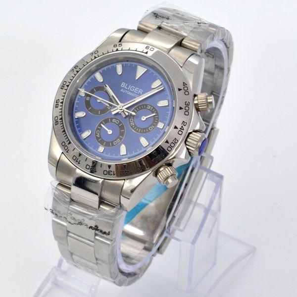 

bliger luxury casual sports watch 40 mm men's blue dial steel men's watch fashion automatic, Slivery;brown