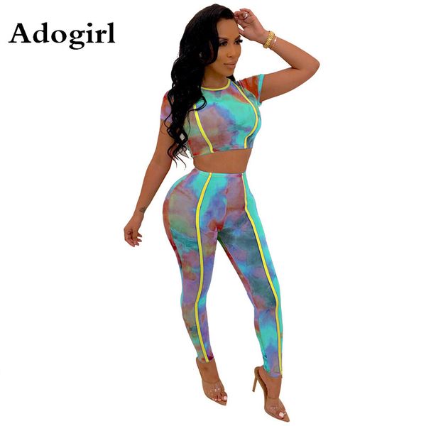 

tie dye galaxy print 2 piece set women tracksuit short sleeve crop pencil skinny pants fmeale summer sporting clothing, White