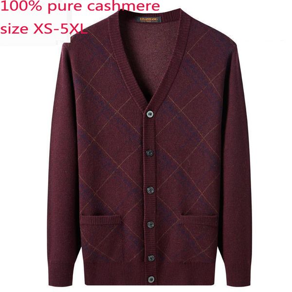

new men 100% pure cashmere sweaters autumn winter casual computer knitted v-neck single breasted cardigan plaid plus size xs-5xl, White;black
