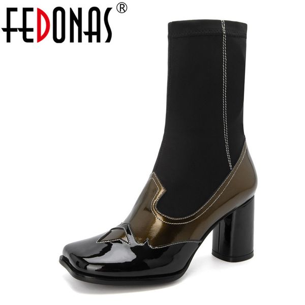 

fedonas fashion women genuine leather mid-calf boots square toe high heels socks boots 2020 autumn winter warm party shoes woman, Black