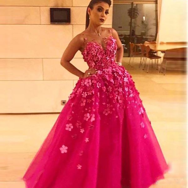 

Plus Size Party Dresses 2019 New Bright Pink Flowers A-Line Evening Dress Fashion Tulle Lace Long Prom Gown Formal Women