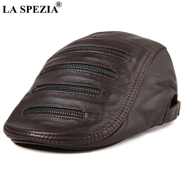 

la spezia 2019 new fashion flat cap men brown adjustable duckbill hat male genuine leather multi zipper spring autumn cabbie cap, Blue;gray