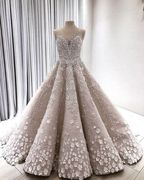 

sparkly шампанского 3d цветы из бисера бальное платье свадебные платья роскошные кружева аппликация плюс размер саудовская аравия свадебное, White