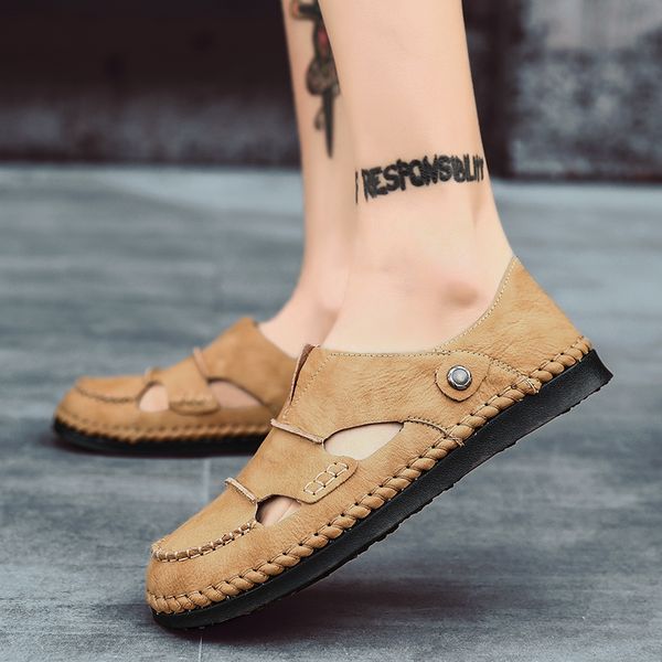 

men sandals genuine leather sandals men outdoor casual leather beach shoes breathable roman shoes big size 48, Black