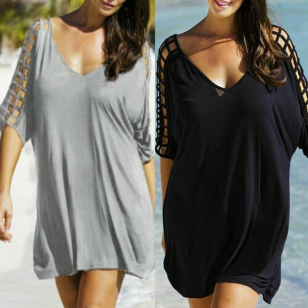 

new uk plus size womens half sleeve v-neck summer loose black mini dresses ladies beach shorts sundress -xxxl, White;black