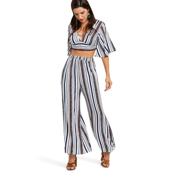 

zaful plunging neck two piece set striped crop high waisted two piece set, Gray