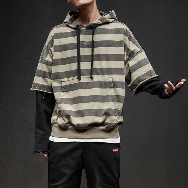 

autumn men's hoodie striped hoodies hip hop loose sweatshirt sleeve patchwork design brand men's hooded sweatshirt, Black