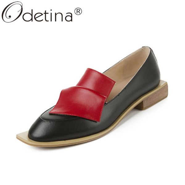 

odetina women new cow leather mixed colors non-slip casual shoes ladies slip on block chunky heel round toe sewing loafers shoes, Black